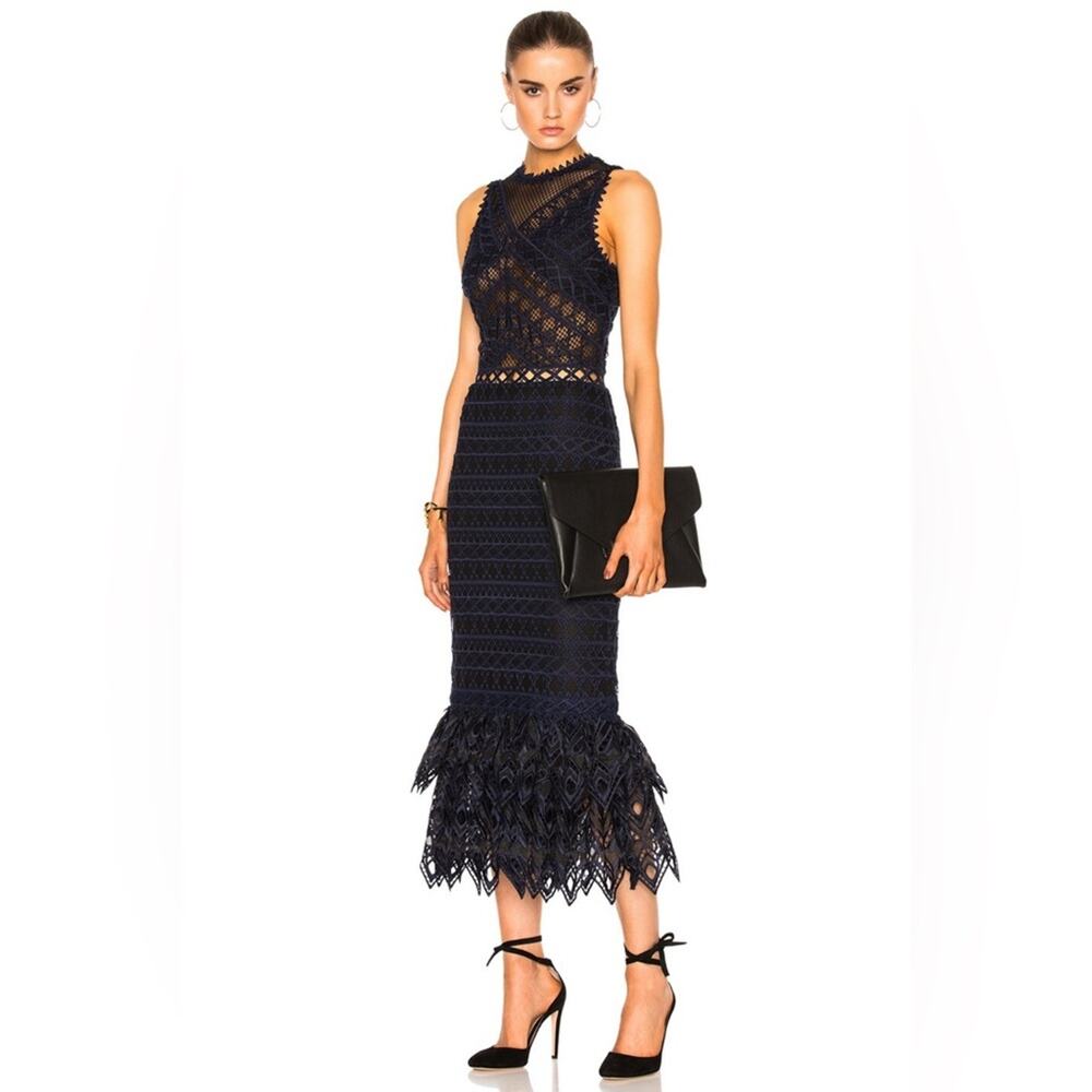 SIMKHAI Lattice Embroidered Mermaid Trumpet Dress Navy Blue and Black 2
